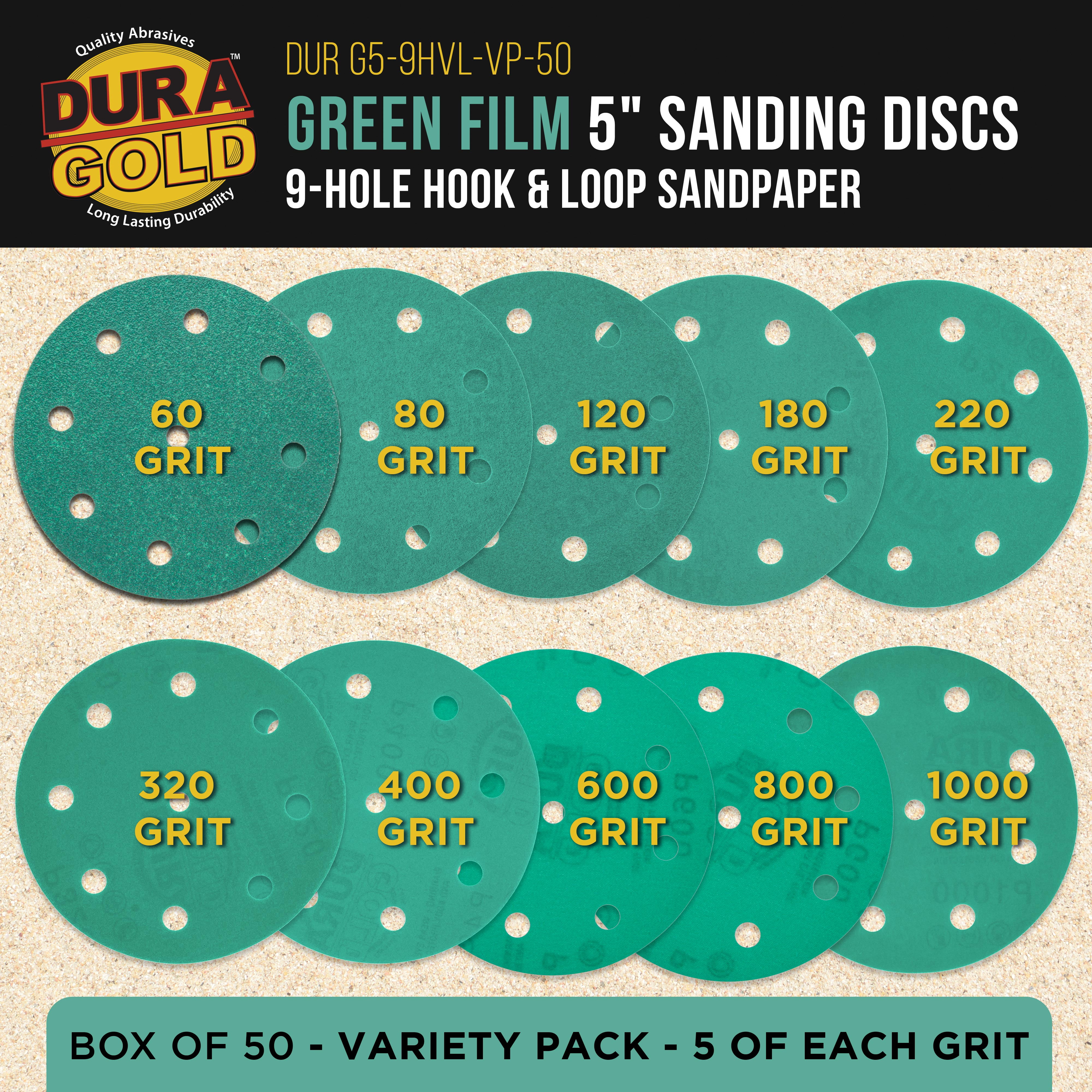 Dura-Gold Premium 5" Green Film Sanding Discs, 9-Hole Pattern, 50 Disc Variety Pack, Grits 60, 80, 120, 180, 220, 320, 400, 600, 800, 1000 - Heavy-Duty Hook & Loop Sandpaper, DA, Random Orbital Sander
