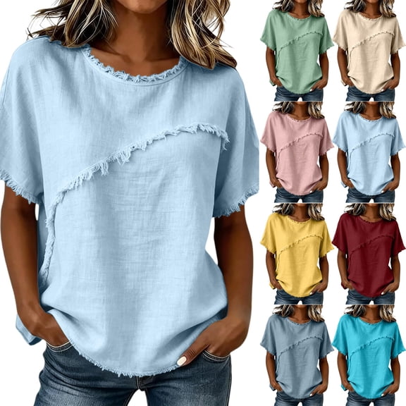 VJGBEGW Women Loose Round Neck t-Shirt Fringe Raw Edge Spliced Short Sleeve Blouse Cotton Linen Casual Tops Beige L