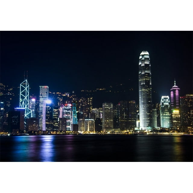 HelloDecor 7x5ft Modern City Backdrop Hong Kong Urban Nightscape Photo