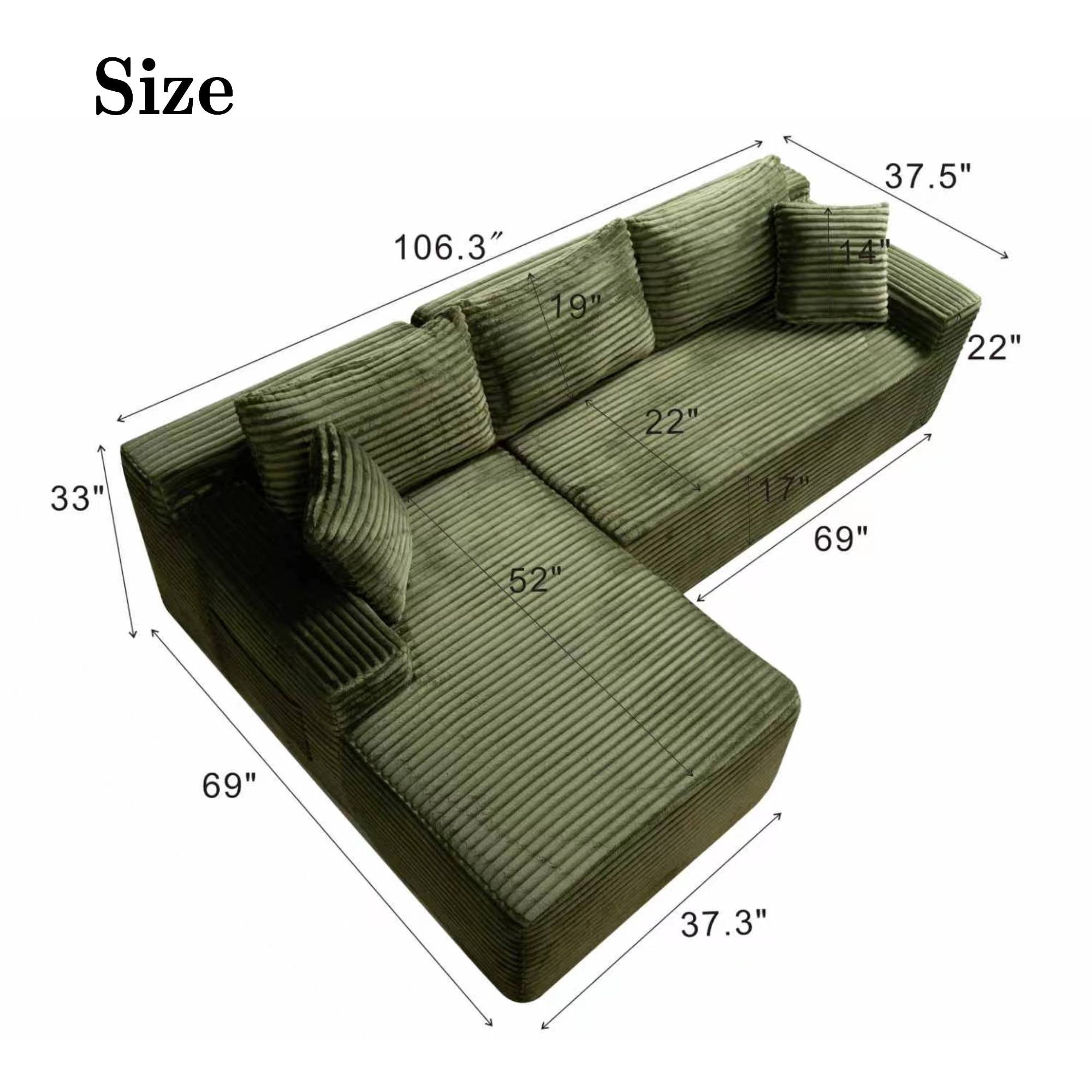 106 inch L Shape Cloud Couch Modular Sectional Sofa Corduroy Boneless Sofa Couch with Chaise, No Assembly Sofa for Living Room, Green