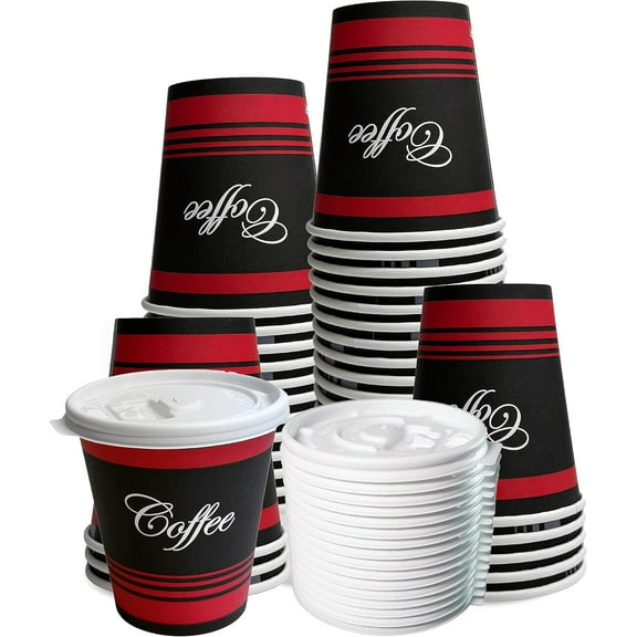 EcoQuality 12 oz Classic Durable Disposable Paper Cups & Flat Lids For Hot/Cold Drink, Paper Coffee Cups, Tea, Cocoa, Travel - Medium Cups (12 Ounce) (50)