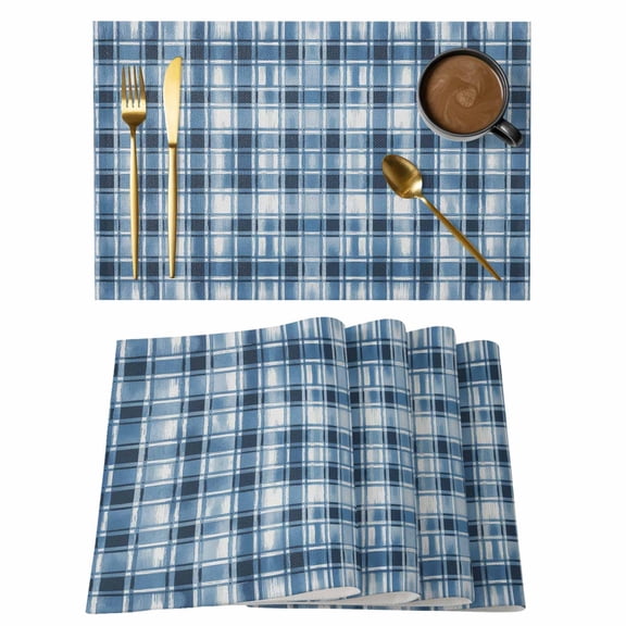 Placemats Set of 6, Blue Plaid Woven Placemat, Linen Place Mats for Kitchen/Dining Tables, Modern Simple Watercolor Buffalo Lattice Washable Table Mats for Party