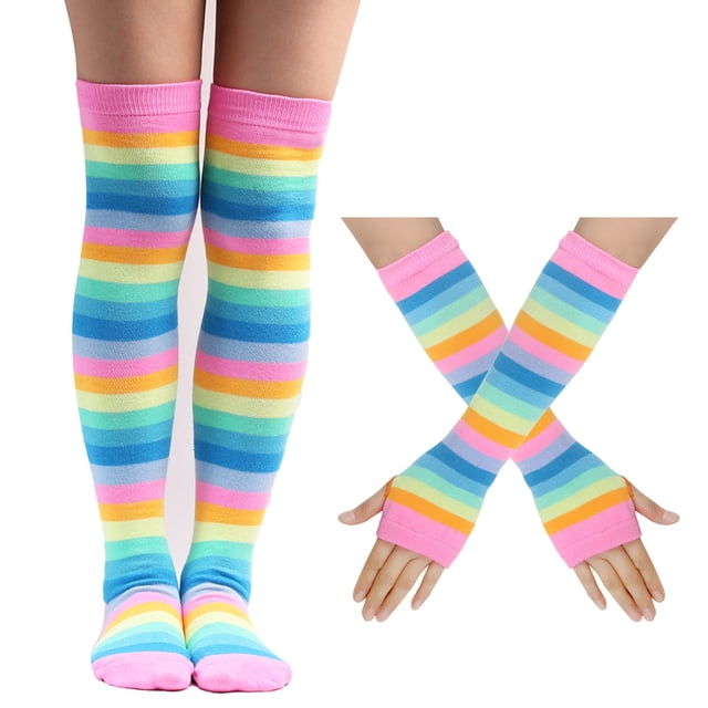 KAKOWELY Calcetines largos a rayas: conjunto de guantes sin dedos - Divertidos accesorios de disfraces para mujeres y niñas - Transpirables para Halloween, cosplay y fiestas temáticas