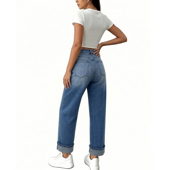 Stretchy Jeans for Women Summer Casual Lounge Rolled Up High Waisted Wide Leg Trousers with Pockets