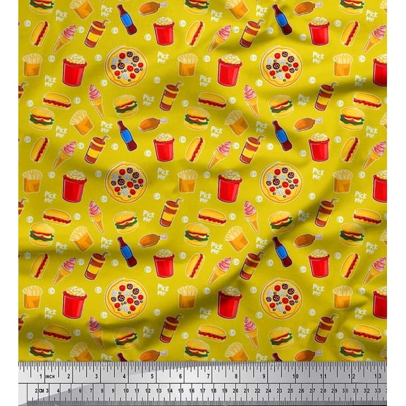 Soimoi Cotton Duck Fabric Cold Drink,Pizza & Burger Food Print Sewing Fabric Yard 56 Inch Wide