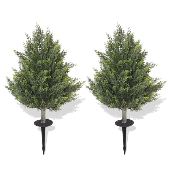 2 Pack 2ft Artificial Cypress Topiary Tree with Ground Spike, Faux Cedar Shrub for Outdoor Garden Yard Decor