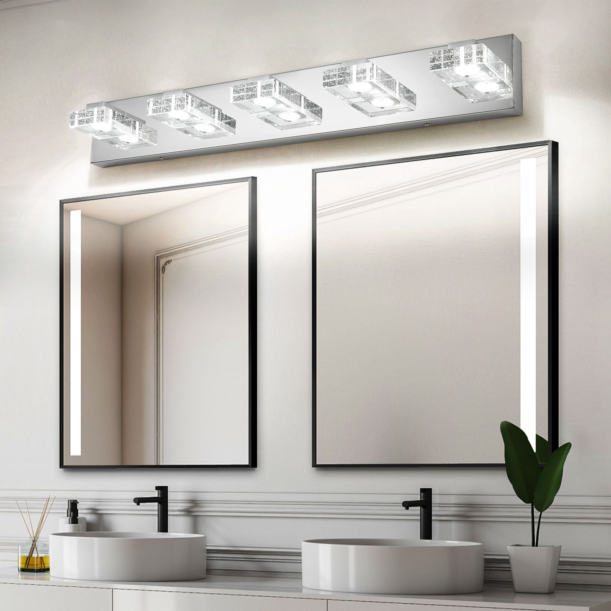 31 Inch Modern Chrome 5-Light LED Vanity Light Fixture, Square Acrylic Shade Wall Mount Bathroom Mirror Lighting, Hardwired