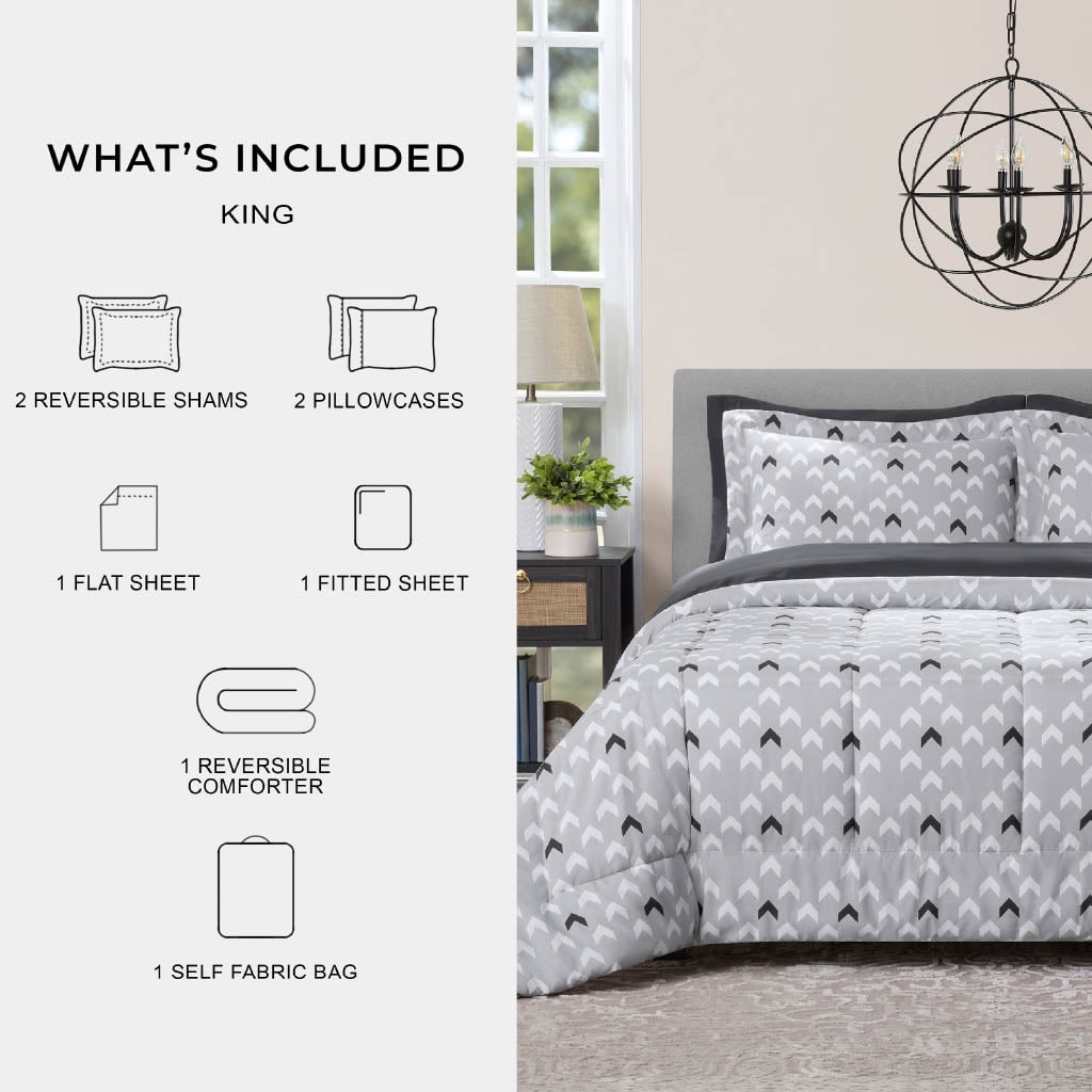Mainstays All in One Reversible Comforter and Sheet set- 7 Piece, King, Light Grey Chevron