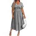 thumbnail image 2 of LWavelet Women's Plus Size Midi Dress Short Sleeve V-Neck Criss Cross Waist Pleated Casual Dress Gray 2XL, 2 of 4