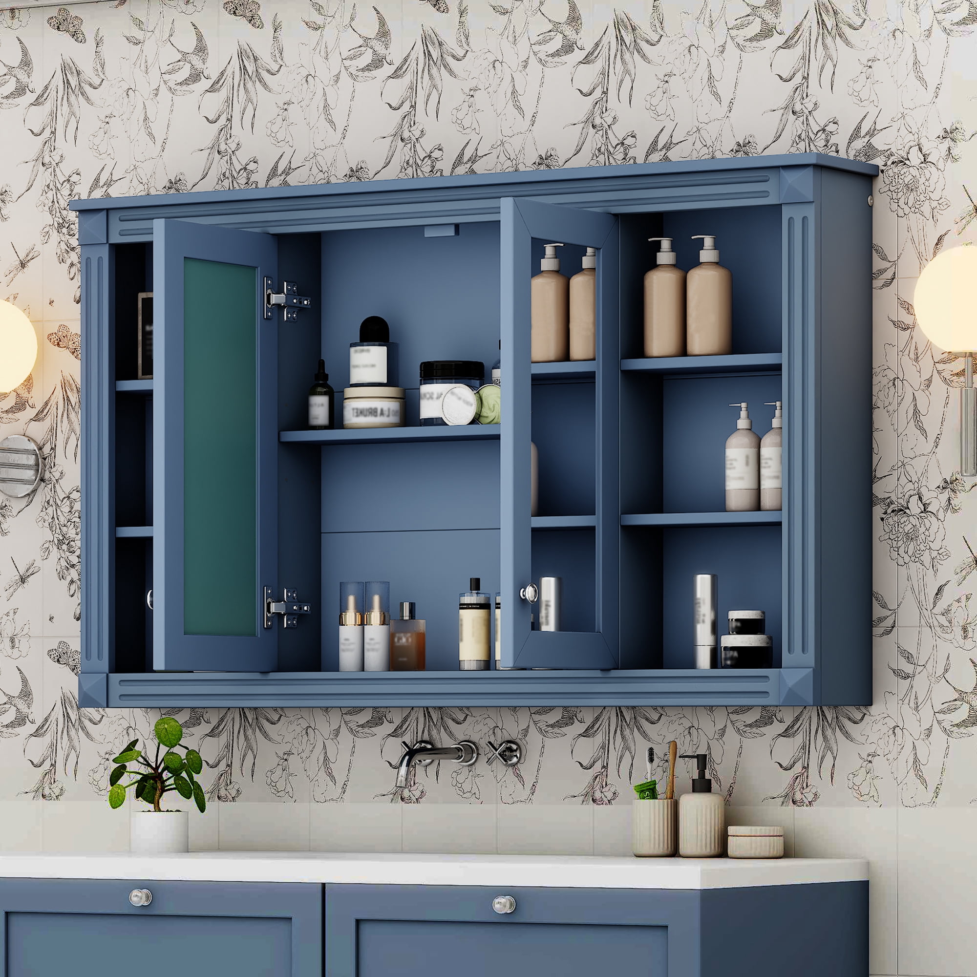 Euroco 47 Inch Bathroom Mirror Cabinet with Storage, Adjustable Shelf and Open Shelves, Wall Mounted Medicine Cabinet for Bathroom, Bedroom, Vanity