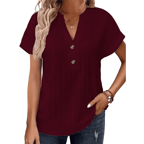 Camiseta de Corta con Cuello en V y Botones para Mujer, Color Rojo Vino, Talla M