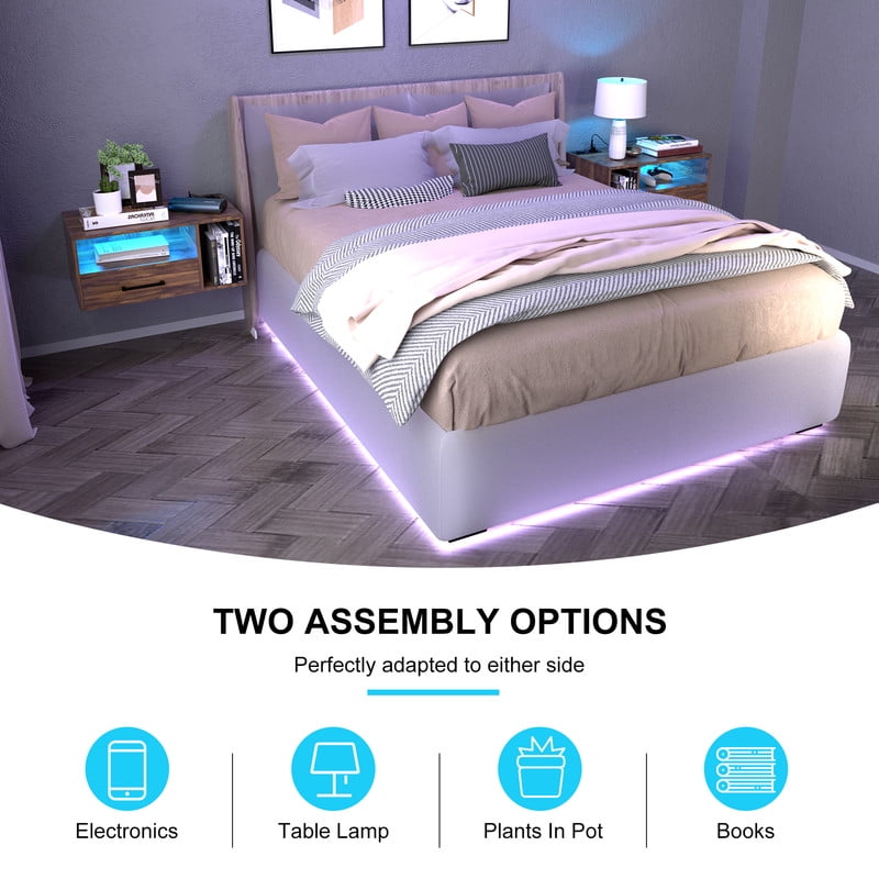 LED Nightstand with Remote Control 26.8” Modern Floating Nightstand with USB Port and Outlet for Bedroom, Rustic Brown
