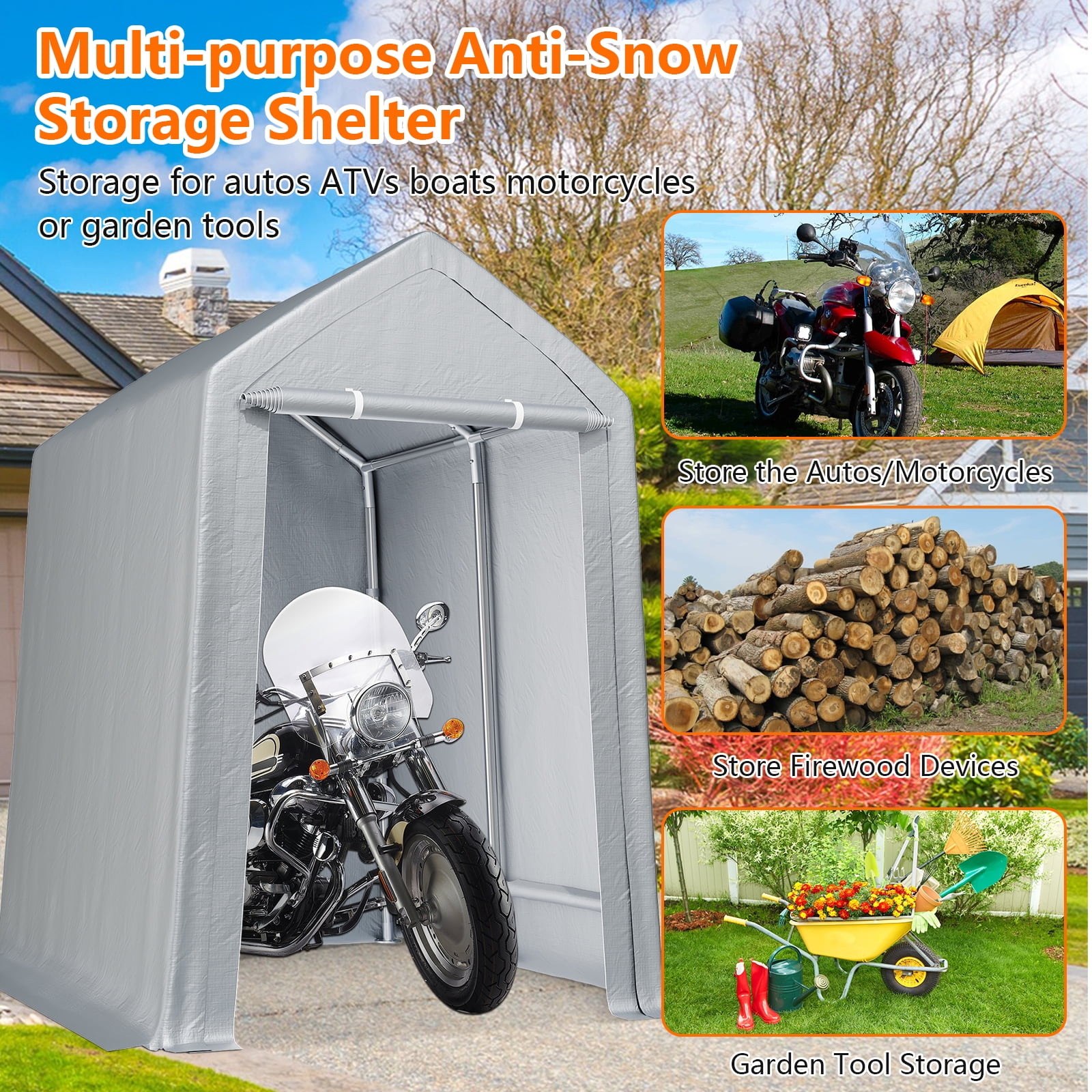 M optimized 12x12 FT Outdoor Portable Storage Shed Motorcycle Covers Storage Shelter, Heavy Duty Storage Tent Tarp Sheds with Roll-up Zipper Door for Bike, Garden Tools, Gray