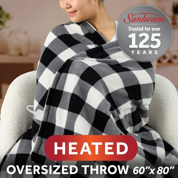 Sunbeam Electric Heated Throw Blanket Black Plaid Microplush Faux Shearling 4 Heat Settings 60x80