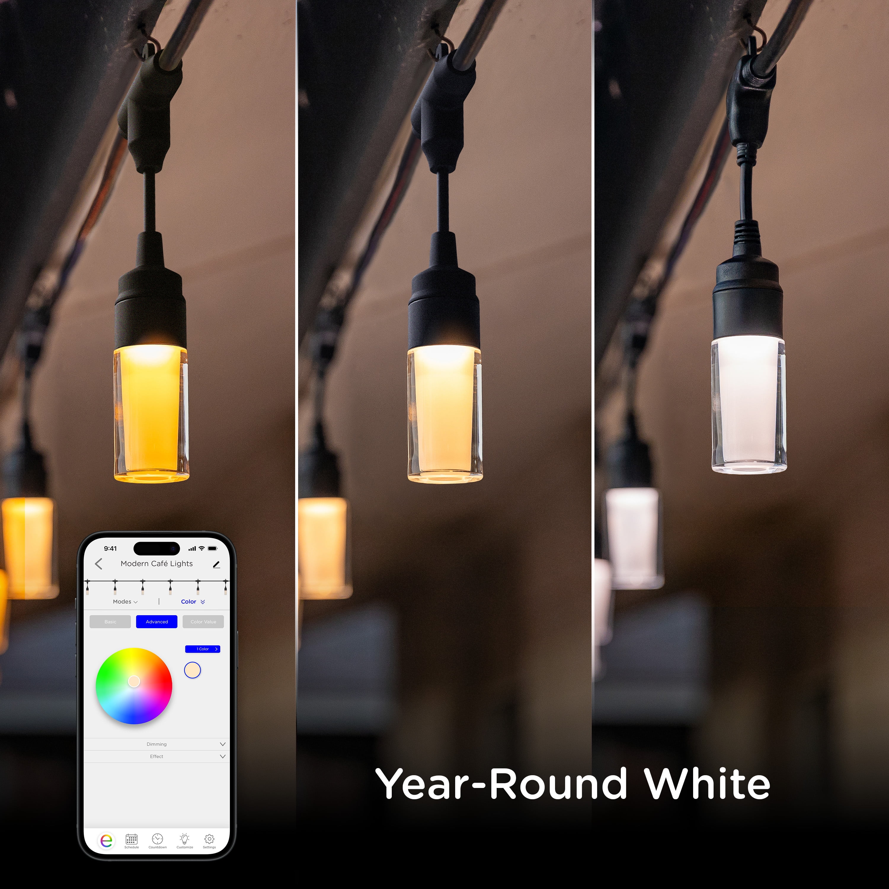Enbrighten LED Wi-Fi Smart Modern Cafe Lights, Color Changing Outdoor String Lights for Backyard and Patio, 48ft