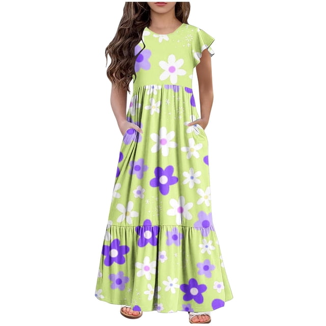 Yanlir Robe d'Été à Volants pour Filles 4-14 Ans, Robes Trapèze pour Enfants Sans Manches à Col Rond, Robe Soleil pour des Tenues Confortables et Stylées (Jaune#6, 8 Ans)