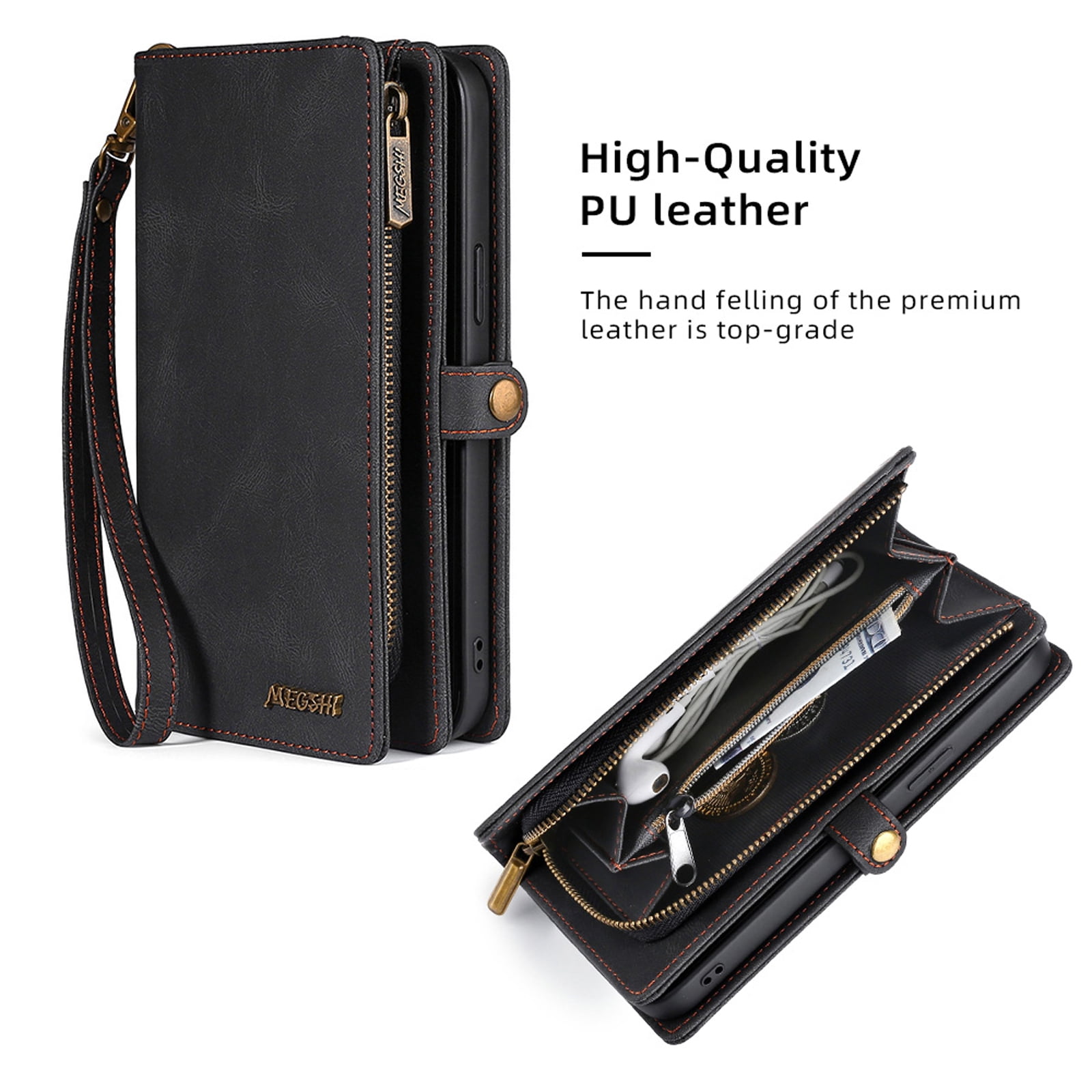 for Samsung Galaxy S24 Case for Women Men, Removable Durable PU Leather Magnetic Flip Strap Wristlet Zipper Purse Card Holder Detachable Wallet Phone Cases for Samsung Galaxy S24, Black