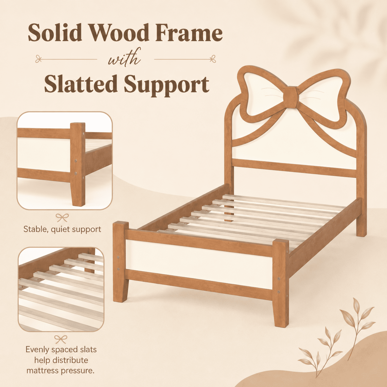 Miniyam Twin Size Kids Platform Bed with Bow-Shaped Headboard, Wood Bed Frame, Natural