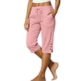 thumbnail image 2 of BUIGTTKLOP Capri Pants for Women Split Button Elastic Waist Cotton Linen Capris Drawstring Summer Casual Cropped Trousers with Pockets, 2 of 8