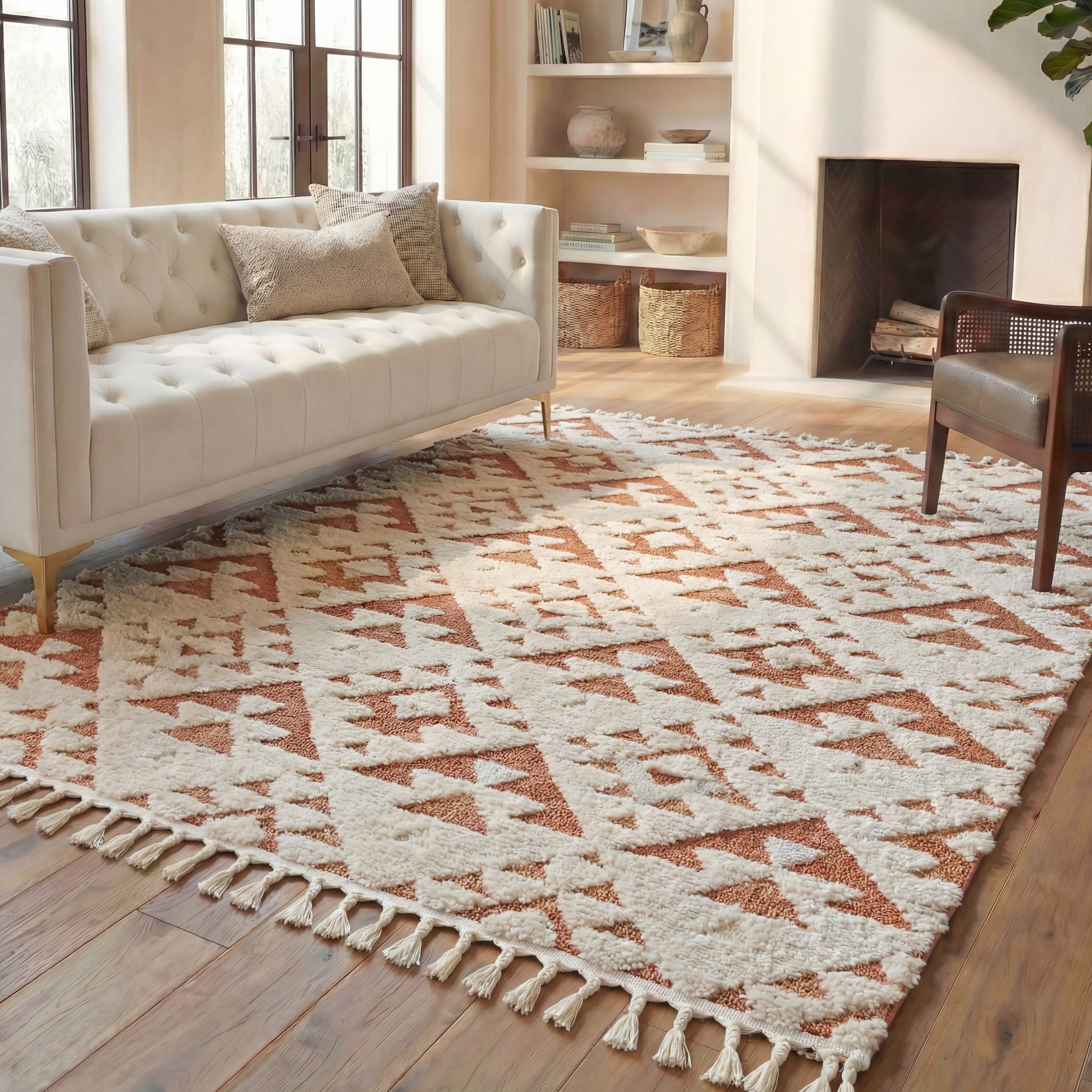 Safavieh Moroccan Tassel Larry Geometric Shag Area Rug, Ivory/Brick Rust, 10' x 14'