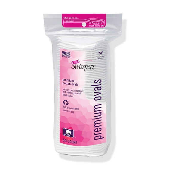 Swisspers Premium Cotton Ovals, 100% Chlorine Free Cotton, Dermatologist Tested, Soft, Strong, Sensitive Skin Safe, Absorbent, Hypoallergenic, Cruelty-Free, Vegan, Paraben Free, 50 Pads