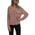 thumbnail image 1 of VISgogo, blusas de chifón salvaje a la moda para mujer, camisa de un solo pecho con cuello vuelto de Color sólido, Tops informales de manga larga para oficina para mujer VISgogo  moda, 1 of 8