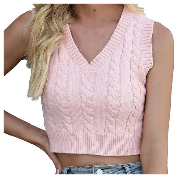 RMGVDSD Women's Fashion Casual Sleeveless Knit Sweater Vest Solid Color Vest Slim Fit V Neck Sweater Vest Loose Knit Pullover Tops /Pink