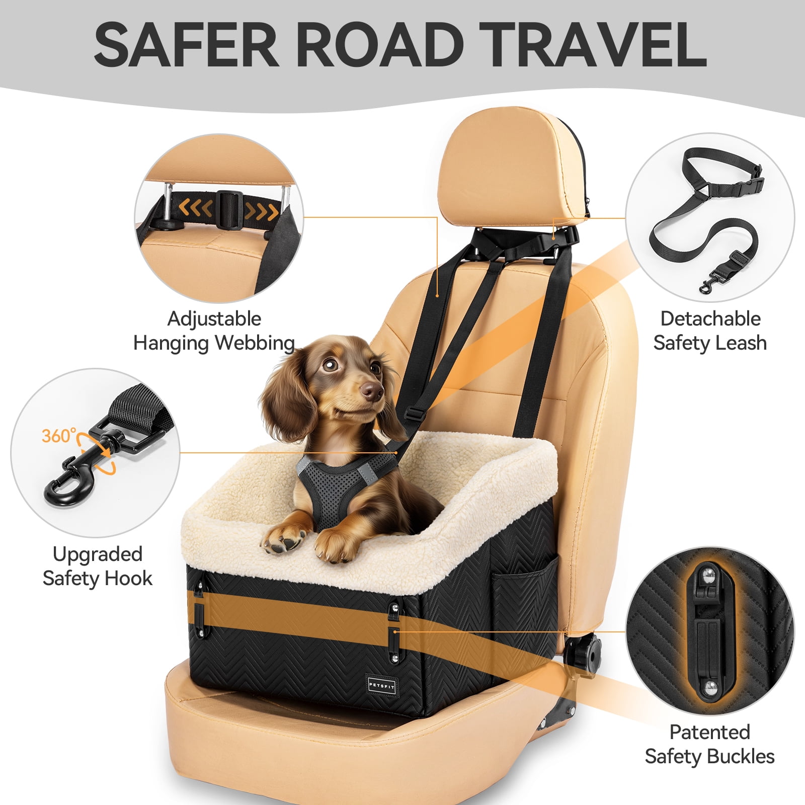 PETSFIT Small Dog Car Seat,Waterproof PU Leather Booster Seat for Small Dogs,Patent Safe Buckles, 30 lb Limit, Black