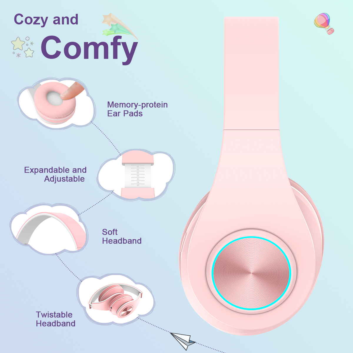 Hoey Bluetooth Kids Headphones, Foldable, 12H Battery, Pink photo 5