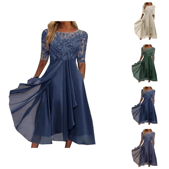 Dresses for Women Elbow Sleeve Crewneck Lace Contrast Chiffon Zip Back High Low Flowy Maxi Dress Wedding Guest Dress