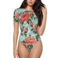 thumbnail image 1 of Bingfone Motif Fleurs Roses Justaucorps à Col Rond pour Femmes, Bouton Pression Manches Courtes, Adapté pour Fête, Sport, Usage Quotidien-TTG, 1 of 7