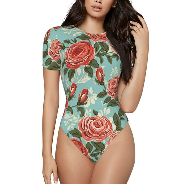 Bingfone Motif Fleurs Roses Justaucorps à Col Rond pour Femmes, Bouton Pression Manches Courtes, Adapté pour Fête, Sport, Usage Quotidien-TTG