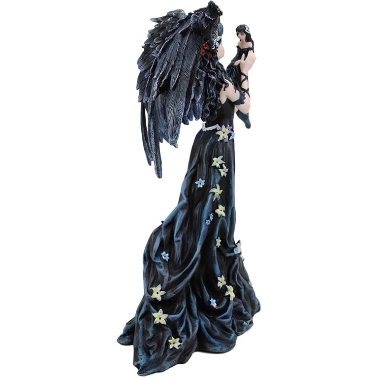 Ebros Gothic Raven Crow Angel in Black Floral Gown Statue 11.5
