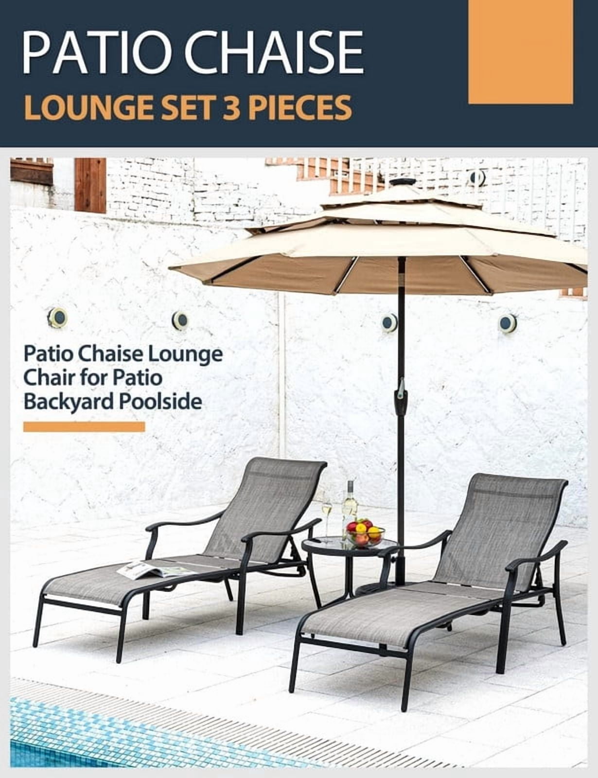 3-Piece Patio Chaise Lounge Set, Double Patio Lounge Chair with Glass Coffee Table, Patio Converstaion Set for Poolside Backyard