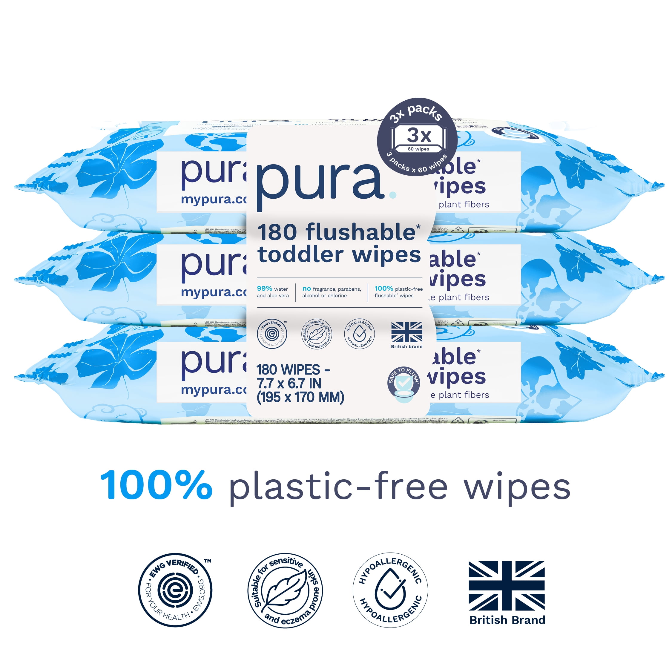 Pura Flushable Toddler Wipes Fragrance Free EWG Verified Plastic Free, 180ct (Choose Your Count)