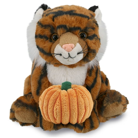 DolliBu Super Soft Squat Tiger Stuffed Animal with Pumpkin Plush Decor - Tiger Pumpkin Plush Animal for Fall, Halloween and Thanksgiving, Pumpkin Plush Toy for Baby, Kids, Adults - 8 Inches