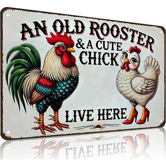 Funny Gifts for Women Chicken Lovers Farm Enthusiasts An Old Rooster And A Cute Chick Live Here Chicken Tin Sign for Chicken Coop Farm Kitchen Garden Yard Decor 8 X 12 Inch (3821)