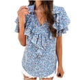 thumbnail image 2 of Sakmal Blue Trendy Tops for Women 2024 Short Sleeve V-Neck Ruffle Sleeve Floral Blouses Ladies Shirts Clearance, 2 of 5