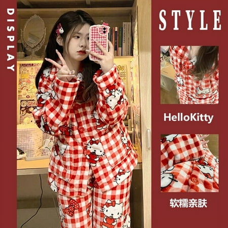 

Sanrio Hello Kitty Women s Home Furnished Flannel Pajama Set Y2K Printed Autumn/winter Pants Long Sleeve Casual Pajama Gift