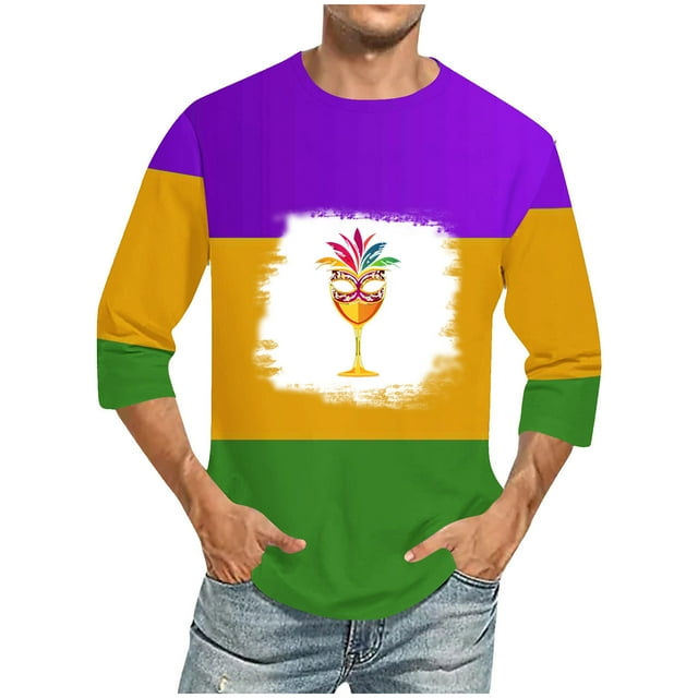 TIMIFIS Mardi Gras Chemises à Manches 3/4 pour Hommes Décontractées Amples Classiques Imprimés de Carnaval Col Rond T-Shirt Léger Fête de Vacances Hauts
