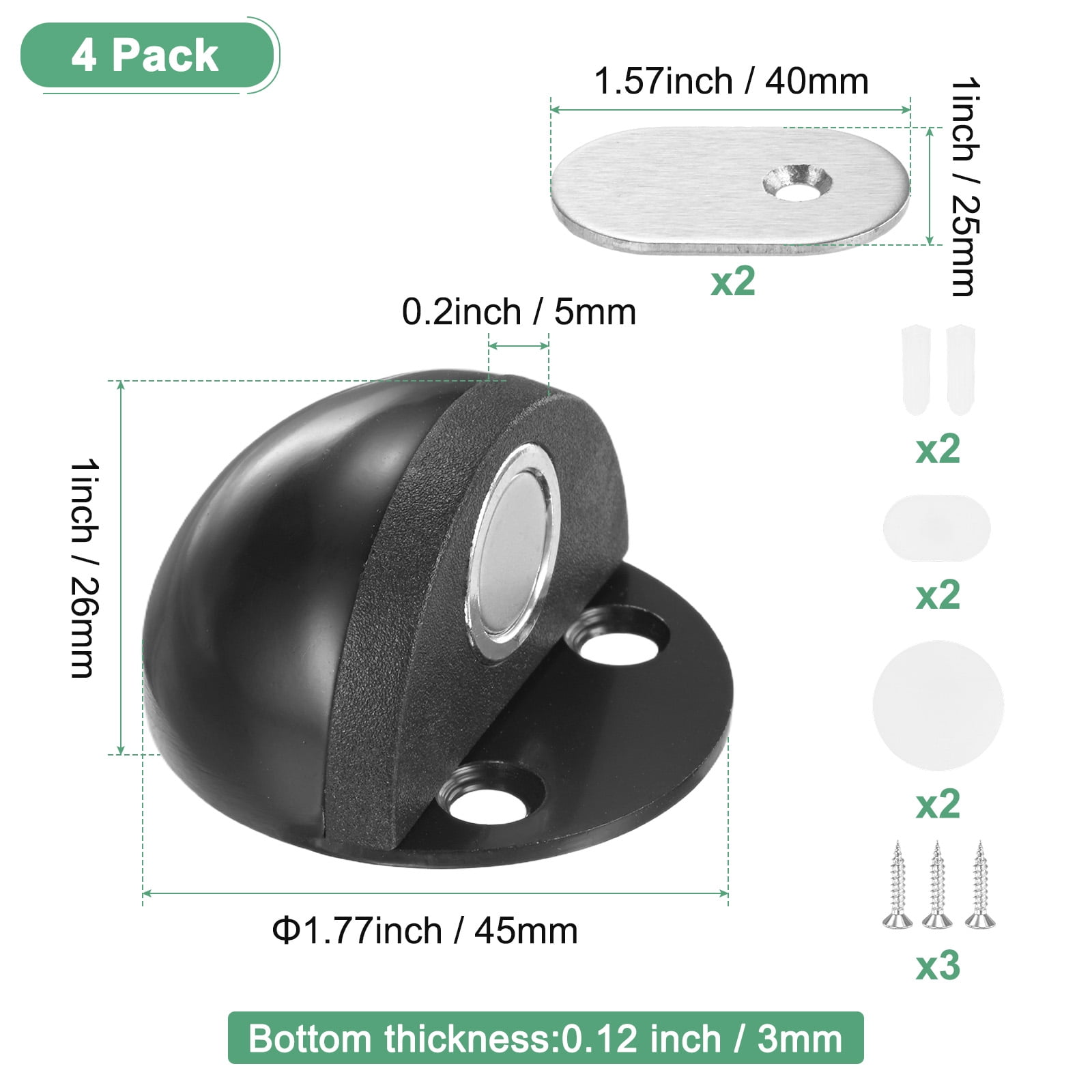 Uxcell 4-Pack Floor Mounted Door Stops, Stainless Steel Half Dome Magnetic Gate Stopper with Plastic Rubber Bumper [Black]