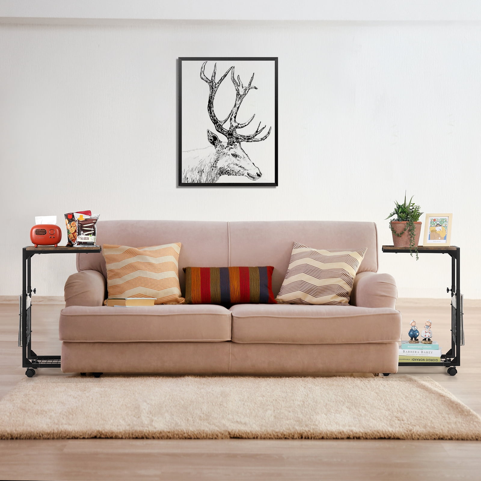 Height‑Adjustable C‑Shaped Side Table with Storage Basket, Rolling Sofa End Table, 2‑Pack
