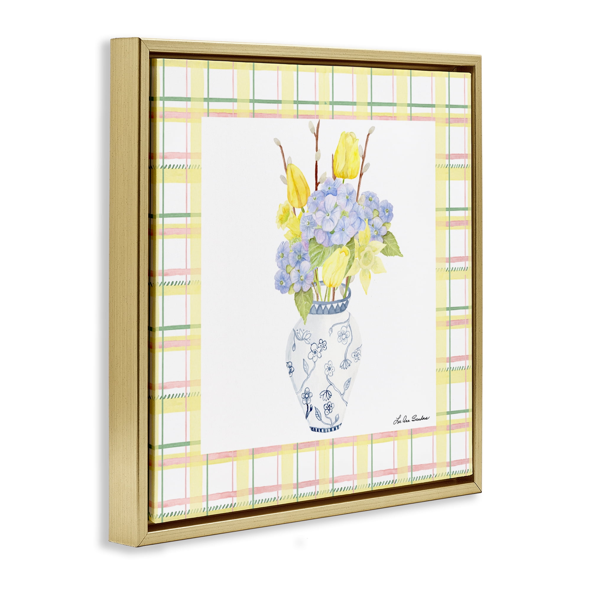 Spring Vase on Yellow Plaid Gold Framed Floater Canvas Wall Art, design by Lee Ann Sanders