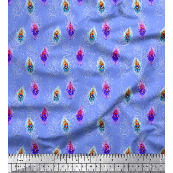 Soimoi Blue Cotton Voile Fabric Peacock Feather Print Fabric by Yard 42 Inch Wide