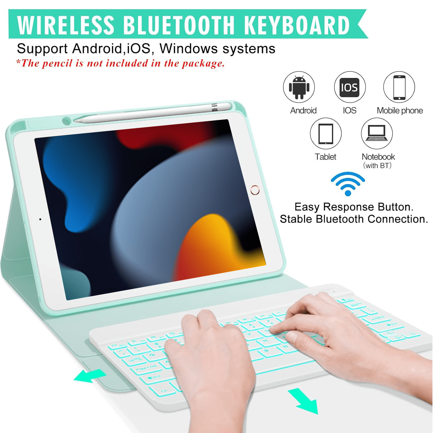 iPad 7th/8th/9th Generation Case with Keyboard 10.2-inch 2019/2020/2021, iPad Air 3rd/Pro 10.5-inch 2017 Compatible, 7 Color Backlit Keyboard BT/Wireless/Detachable with Pencil holder (Mint Green)