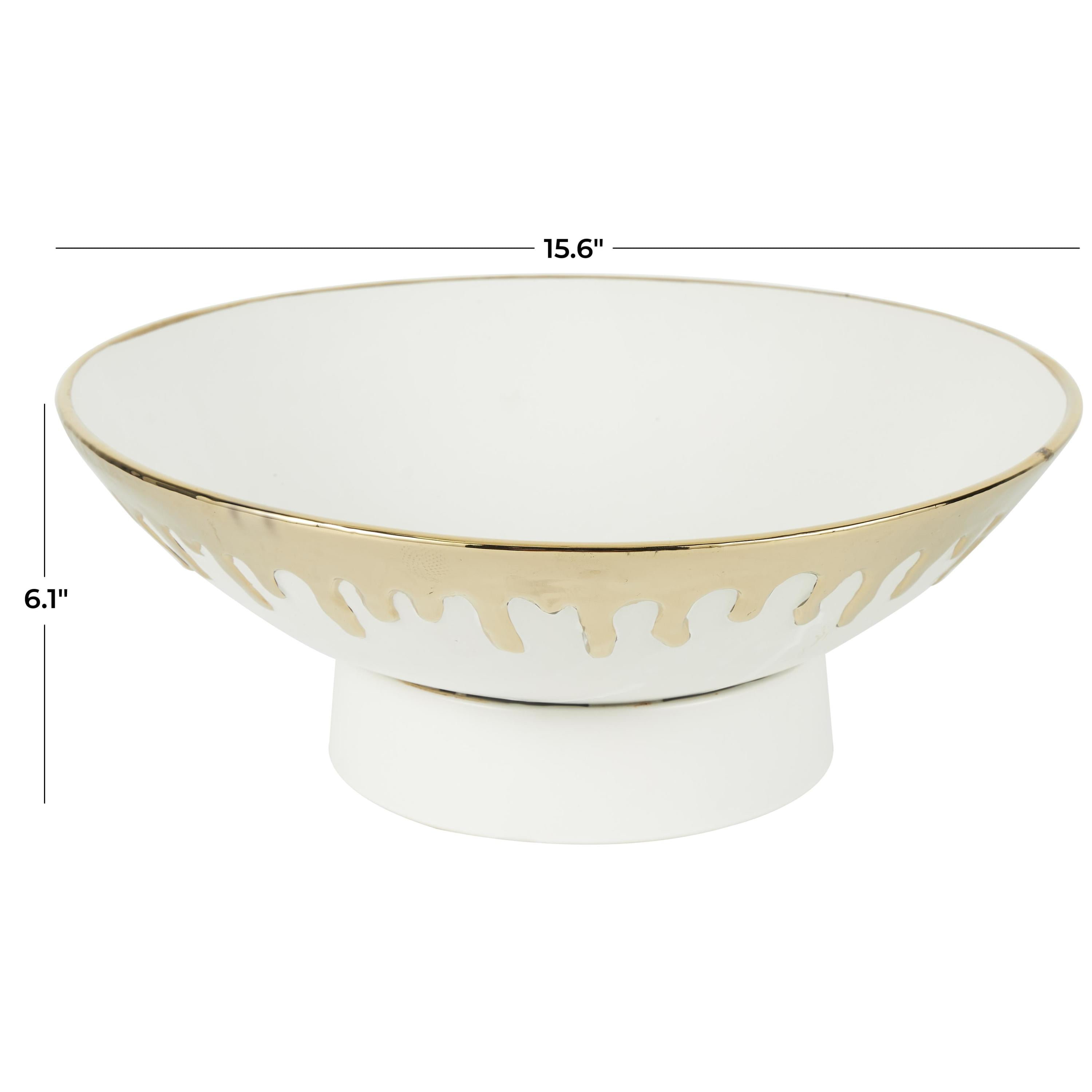 CosmoLiving by Cosmopolitan 15" Round White Ceramic Decorative Bowl with Abstract Gold Melting Drips