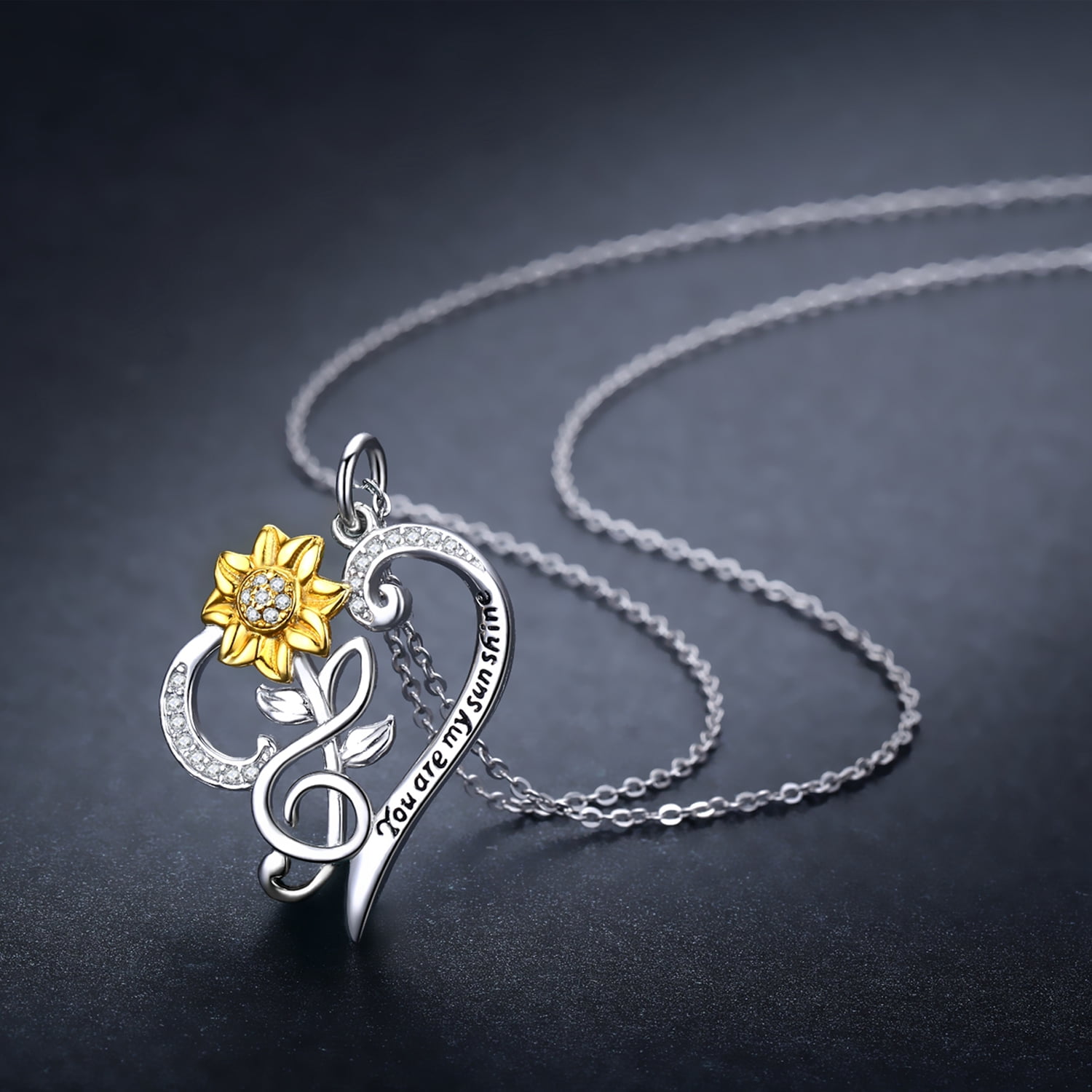 Coachuhhar Sunflower Note Necklace Sterling Silver You are My Sunshine Necklace Heart Sunflower Necklace Musical Note Necklace Sunflower Jewelry Gifts for Women