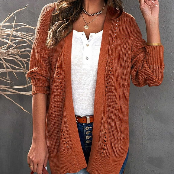 Jjayotai Lightweight Cardigan for Women, Crochet Cover Up, Loose Open Front Long Sleeve Cardigans Sweaters Brown M