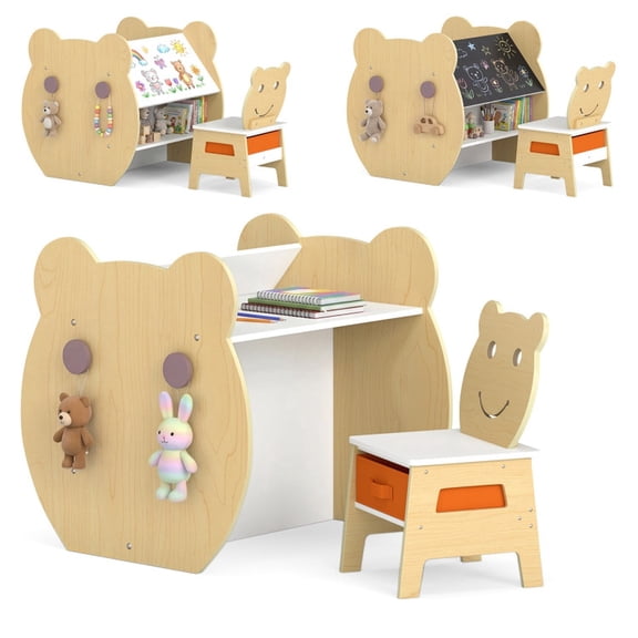 Furnibear 3-in-1 Kids Art Table and Chair with Storage and Reversible Whiteboard Chalkboard a folding activity table for toddlers ages 3-10, White