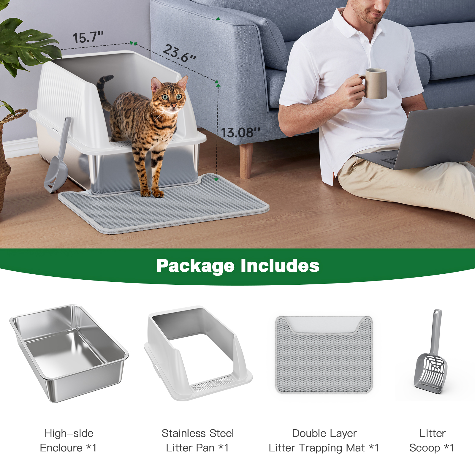 Pawward Stainless Steel Cat Litter Box with Scoop & Mat, Large Enclosed Litter Box with Lid,  High-Walled Design